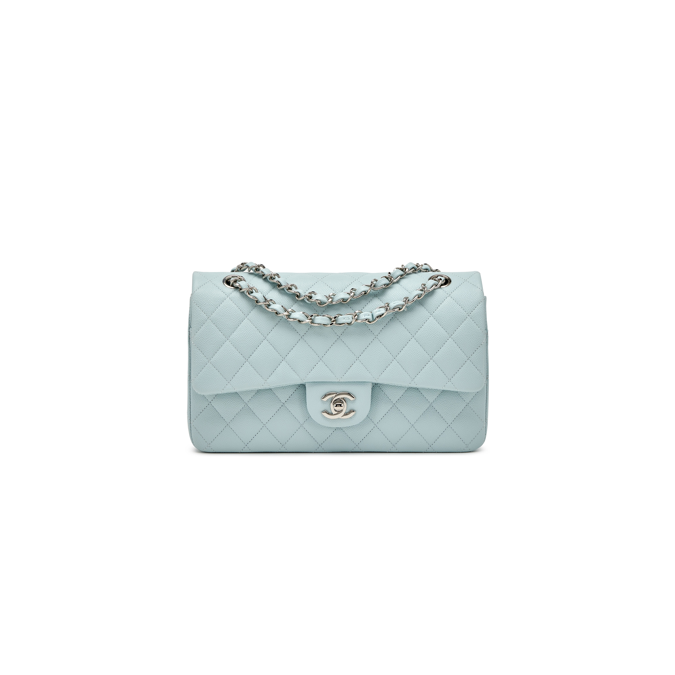CHANEL MASTER PALE BLUE QUILTED CAVIAR MEDIUM CLASSIC DOUBLE FLAP SILVER HARDWARE A01112 (25.5*15*7cm)